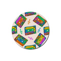 Seamless Pattern With Colorful Cassettes Hippie Style Doodle Musical Texture Wrapping Fabric Vector Rubber Coaster (round) by Ravend