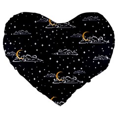 Hand Drawn Scratch Style Night Sky With Moon Cloud Space Among Stars Seamless Pattern Vector Design Large 19  Premium Flano Heart Shape Cushions by Ravend