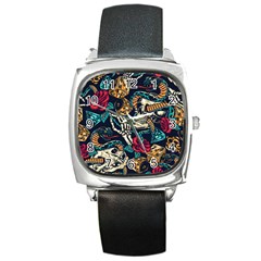 Vintage Art Tattoos Colorful Seamless Pattern Square Metal Watch by Ravend