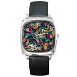 Vintage Art Tattoos Colorful Seamless Pattern Square Metal Watch Front