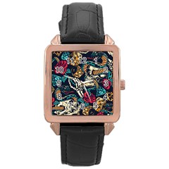 Vintage Art Tattoos Colorful Seamless Pattern Rose Gold Leather Watch  by Ravend