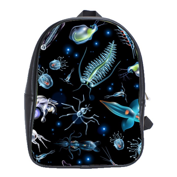 Colorful Abstract Pattern Consisting Glowing Lights Luminescent Images Marine Plankton Dark School Bag (Large)