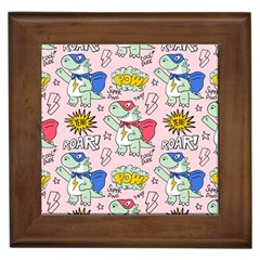 Seamless Pattern With Many Funny Cute Superhero Dinosaurs T-rex Mask Cloak With Comics Style Framed Tile by Ravend