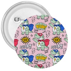 Seamless Pattern With Many Funny Cute Superhero Dinosaurs T-rex Mask Cloak With Comics Style 3  Buttons by Ravend