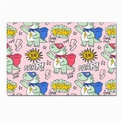 Seamless Pattern With Many Funny Cute Superhero Dinosaurs T-rex Mask Cloak With Comics Style Postcards 5  X 7  (pkg Of 10) by Ravend