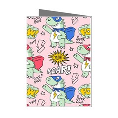 Seamless Pattern With Many Funny Cute Superhero Dinosaurs T-rex Mask Cloak With Comics Style Mini Greeting Cards (pkg Of 8) by Ravend