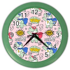 Seamless Pattern With Many Funny Cute Superhero Dinosaurs T-rex Mask Cloak With Comics Style Color Wall Clock by Ravend