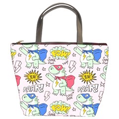 Seamless Pattern With Many Funny Cute Superhero Dinosaurs T-rex Mask Cloak With Comics Style Bucket Bag by Ravend