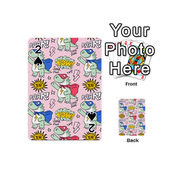 Seamless Pattern With Many Funny Cute Superhero Dinosaurs T-rex Mask Cloak With Comics Style Playing Cards 54 Designs (Mini)