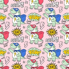 Seamless Pattern With Many Funny Cute Superhero Dinosaurs T-rex Mask Cloak With Comics Style Play Mat (rectangle) by Ravend