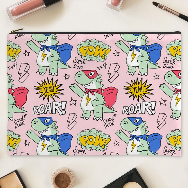 Seamless Pattern With Many Funny Cute Superhero Dinosaurs T-rex Mask Cloak With Comics Style Cosmetic Bag (XXXL)