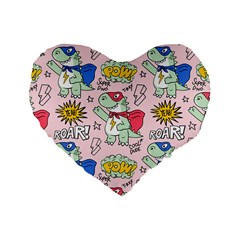 Seamless Pattern With Many Funny Cute Superhero Dinosaurs T-rex Mask Cloak With Comics Style Standard 16  Premium Heart Shape Cushions