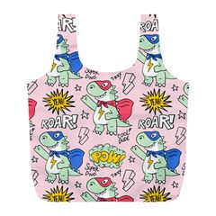 Seamless Pattern With Many Funny Cute Superhero Dinosaurs T-rex Mask Cloak With Comics Style Full Print Recycle Bag (l) by Ravend