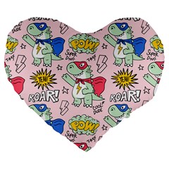 Seamless Pattern With Many Funny Cute Superhero Dinosaurs T-rex Mask Cloak With Comics Style Large 19  Premium Flano Heart Shape Cushions by Ravend