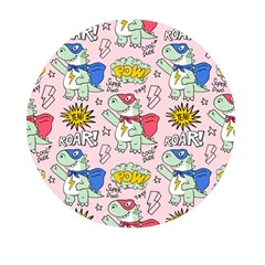 Seamless Pattern With Many Funny Cute Superhero Dinosaurs T-rex Mask Cloak With Comics Style Mini Round Pill Box by Ravend