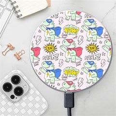 Seamless Pattern With Many Funny Cute Superhero Dinosaurs T-rex Mask Cloak With Comics Style Wireless Charger by Ravend