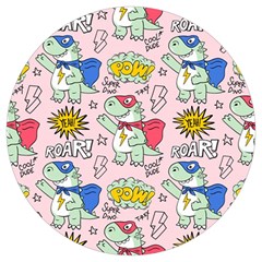 Seamless Pattern With Many Funny Cute Superhero Dinosaurs T-rex Mask Cloak With Comics Style Round Trivet by Ravend