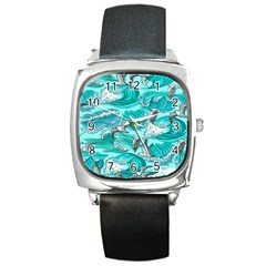 Sea Wave Seamless Pattern Square Metal Watch by Ravend