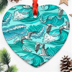 Sea Wave Seamless Pattern Heart Ornament (two Sides)