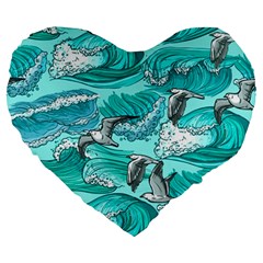 Sea Wave Seamless Pattern Large 19  Premium Heart Shape Cushions by Ravend