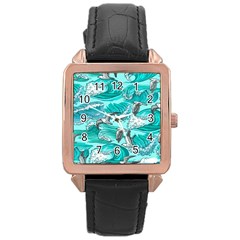 Sea Wave Seamless Pattern Rose Gold Leather Watch  by Ravend