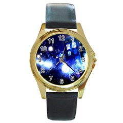 Tardis Background Space Round Gold Metal Watch