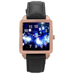 Tardis Background Space Rose Gold Leather Watch 