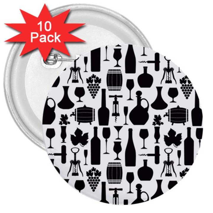 Wine Pattern Black White 3  Buttons (10 pack) 