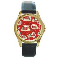 Christmas New Year Seamless Pattern Round Gold Metal Watch by Jancukart