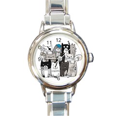 Cute Cat Hand Drawn Cartoon Style Round Italian Charm Watch by Jancukart