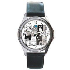 Cute Cat Hand Drawn Cartoon Style Round Metal Watch by Jancukart