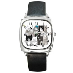 Cute Cat Hand Drawn Cartoon Style Square Metal Watch