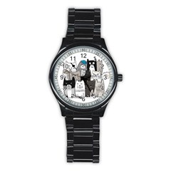 Cute Cat Hand Drawn Cartoon Style Stainless Steel Round Watch by Jancukart