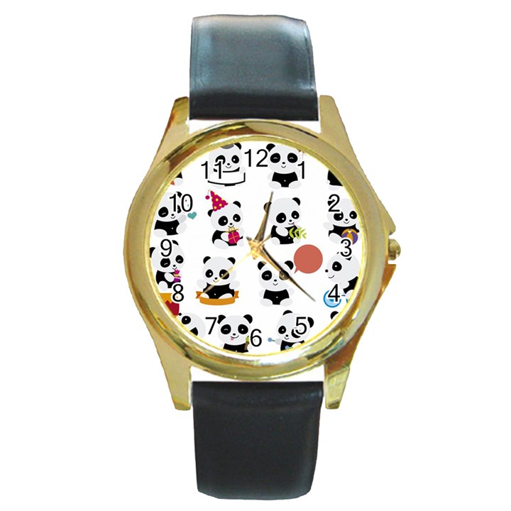 Playing-pandas-cartoons Round Gold Metal Watch