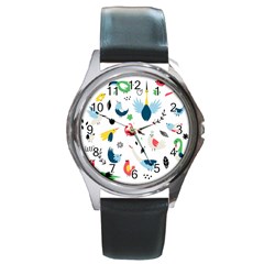 Vector-set-isolates-with-cute-birds-scandinavian-style Round Metal Watch