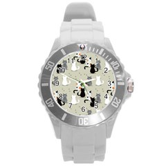 Cute-cat-seamless-pattern Round Plastic Sport Watch (l)