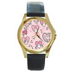 Cartoon-cute-valentines-day-doodle-heart-love-flower-seamless-pattern-vector Round Gold Metal Watch