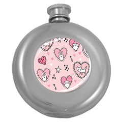 Cartoon-cute-valentines-day-doodle-heart-love-flower-seamless-pattern-vector Round Hip Flask (5 Oz) by Jancukart