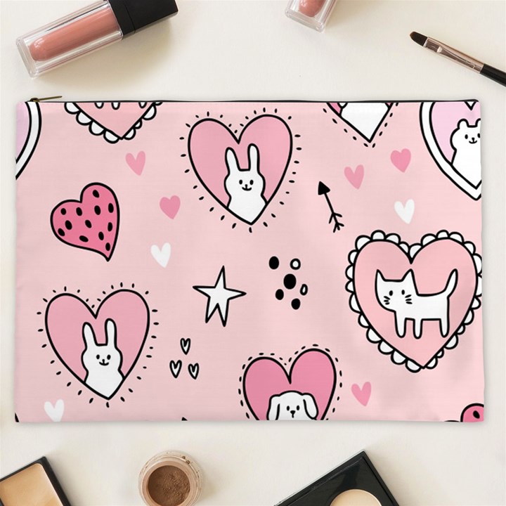 Cartoon-cute-valentines-day-doodle-heart-love-flower-seamless-pattern-vector Cosmetic Bag (XXL)