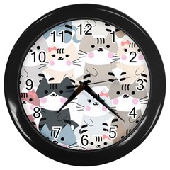 Cute-cat-couple-seamless-pattern-cartoon Wall Clock (black) by Jancukart