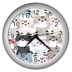 Cute-cat-couple-seamless-pattern-cartoon Wall Clock (silver) by Jancukart