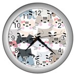 Cute-cat-couple-seamless-pattern-cartoon Wall Clock (Silver) Front