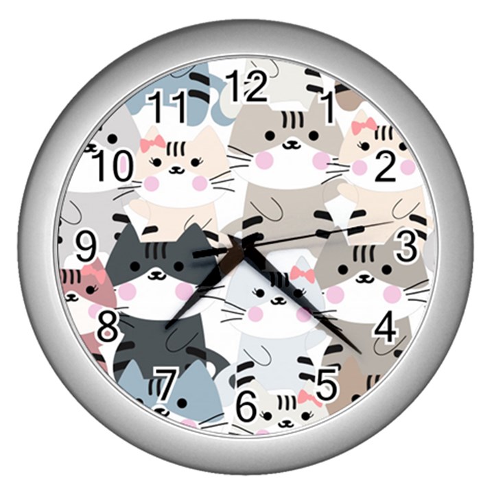 Cute-cat-couple-seamless-pattern-cartoon Wall Clock (Silver)