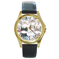 Cute-cat-couple-seamless-pattern-cartoon Round Gold Metal Watch