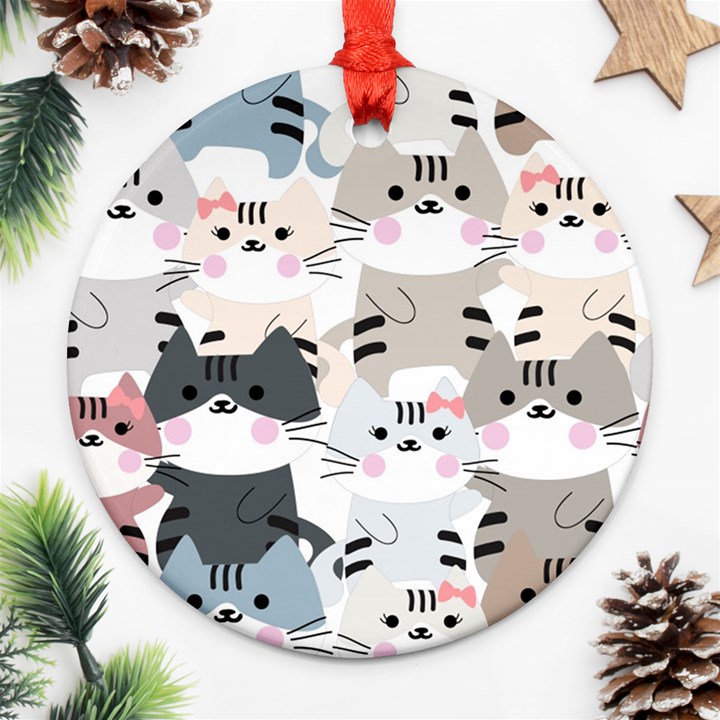 Cute-cat-couple-seamless-pattern-cartoon Round Ornament (Two Sides)