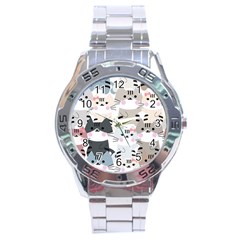 Cute-cat-couple-seamless-pattern-cartoon Stainless Steel Analogue Watch