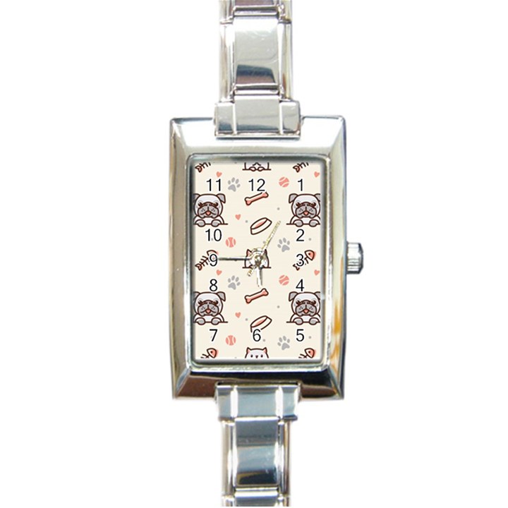 Pug-dog-cat-with-bone-fish-bones-paw-prints-ball-seamless-pattern-vector-background Rectangle Italian Charm Watch