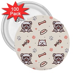 Pug-dog-cat-with-bone-fish-bones-paw-prints-ball-seamless-pattern-vector-background 3  Buttons (100 Pack) 