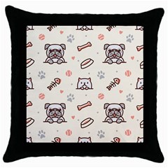 Pug-dog-cat-with-bone-fish-bones-paw-prints-ball-seamless-pattern-vector-background Throw Pillow Case (black) by Jancukart