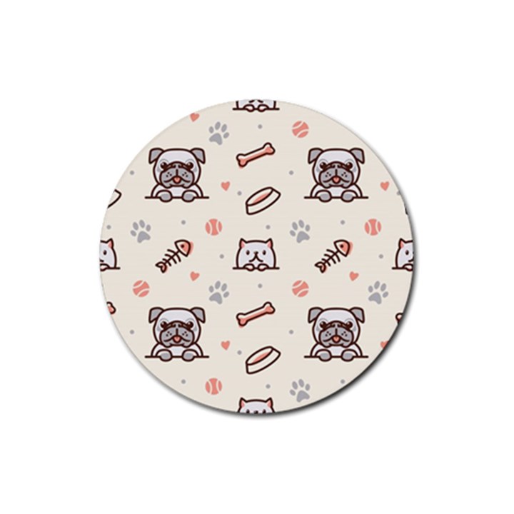 Pug-dog-cat-with-bone-fish-bones-paw-prints-ball-seamless-pattern-vector-background Rubber Coaster (Round)